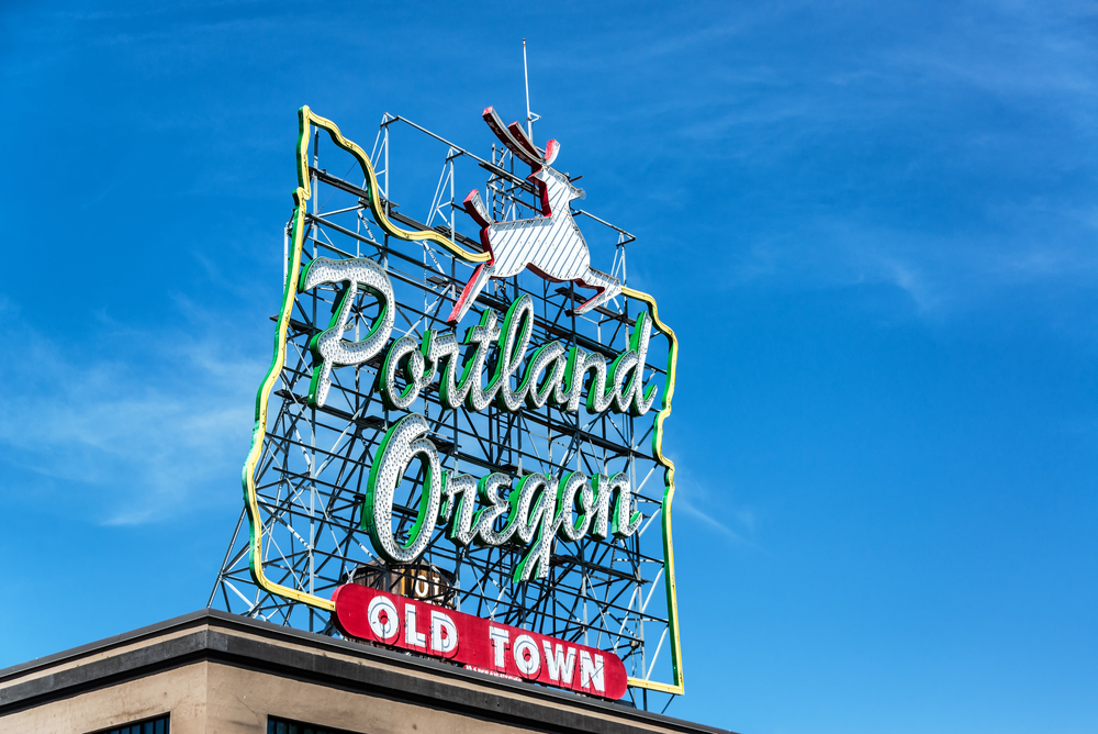 3_Iconic Portland, Oregon Old Town sign with an outline of Oregon and a stag